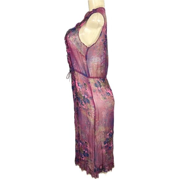 Plenty M Purple Floral Silk Sheer V-Neckline Rufffle Sleeveless Below Knee Dress - Picture 5 of 6